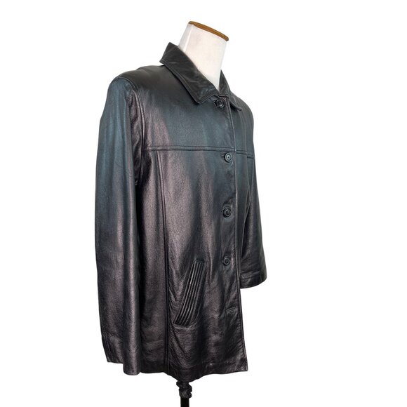 Modern Essential Mens Black Leather Button-Up Jacket Mid-Length Size XL - Picture 2 of 8